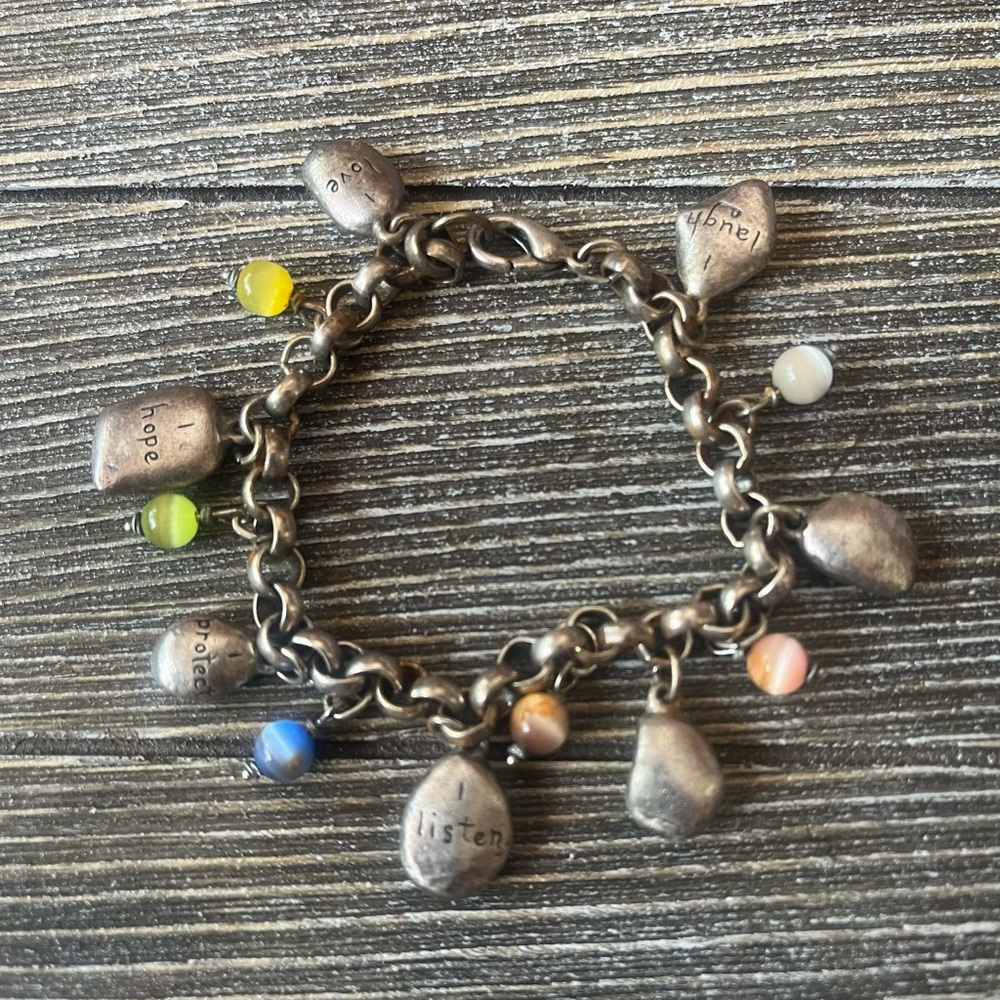 Vintage Moonglow Charm Bracelet Hope Laugh Silver Beads Chunky Chain Link Pink